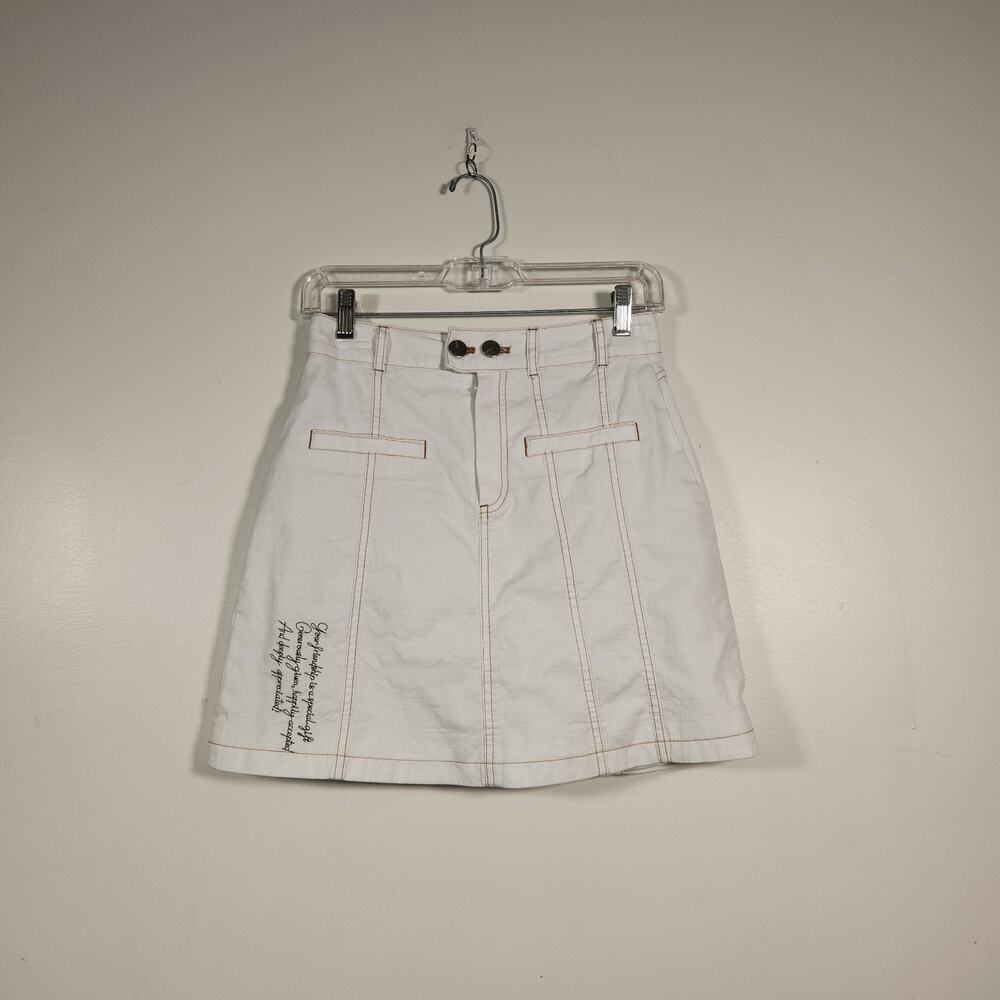 IVY YOU Mini Skirt Women M Cream Brown Y2K Denim A Line Lined Embroidered Friend